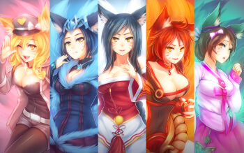 5girls :p ;d ahri_(league_of_legends) alternate_costume alternate_hair_color alternate_hair_length alternate_hairstyle animal_ears bare_shoulders belt black_hair black_legwear blonde_hair blue_hair bow breasts brown_eyes brown_hair bug butterfly choker cleavage cleavage_cutout clenched_hand clothing_cutout column_lineup cosplay cowboy_shot detached_sleeves dress dynasty_ahri eyeshadow facial_mark fangs fingernails fox_ears fox_tail foxfire_ahri fur_trim girls'_generation grin hair_between_eyes hair_bow hair_bun hair_ornament hair_ribbon hair_stick hand_up hat hat_bow heart heart_necklace helmet highres insect jacket jewelry k-pop korean_clothes large_breasts league_of_legends pantyhose_under_shorts long_fingernails long_hair long_sleeves makeup midnight_ahri multiple_girls multiple_persona multiple_tails nail_polish necklace official_alternate_costume one_eye_closed open_clothes open_jacket open_mouth pantyhose parted_bangs peaked_cap pendant popstar_ahri raised_eyebrows red_hair ribbon ricegnat rope short_hair short_shorts shorts single_hair_bun sleeves_past_wrists smile swept_bangs tail tassel tongue tongue_out turtleneck underboob waving whisker_markings yellow_eyes zipper