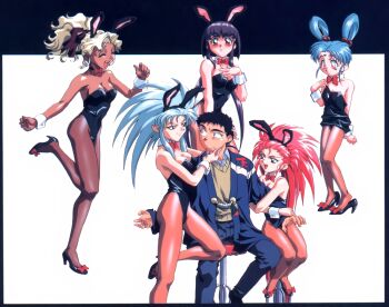 Rule 34 | 1990s (style), 5girls, animal ears, aqua hair, arm hug, black hair, black leotard, black shoes, blonde hair, blush, bow, bowtie, breasts, cardigan, cleavage, closed eyes, detached collar, fake animal ears, flat chest, footwear bow, grabbing another's chin, hair bobbles, hair ornament, hair rings, hakubi washuu, hand on another's chin, hand on another's head, hand on own chest, high heels, high ponytail, kuramitsu mihoshi, large breasts, leotard, long hair, long sleeves, looking at another, looking at viewer, low ponytail, masaki aeka jurai, masaki sasami jurai, masaki tenchi, medium breasts, multiple girls, nervous, non-web source, official art, on stool, open mouth, oversized clothes, pantyhose, pink eyes, pink hair, playboy bunny, ponytail, pumps, purple hair, rabbit ears, red bow, red bowtie, red eyes, retro artstyle, ryouko (tenchi muyou!), shoe dangle, shoes, sitting, smile, spiked hair, standing, standing on one leg, strapless, strapless leotard, tenchi muyou!, twintails, very long hair, wrist cuffs, yellow eyes