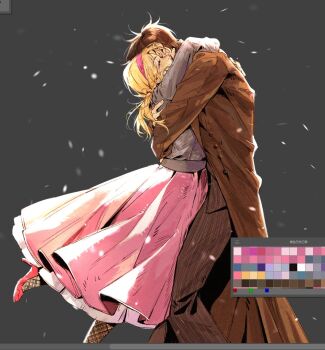 1boy 1girl arms_around_neck art_program_in_frame blonde_hair brown_coat brown_hair closed_eyes coat color_guide commentary doctor_who dress english_commentary feet_out_of_frame grey_background grey_coat gymnopedies2 hairband high_heels highres hug long_coat long_dress long_hair pink_dress pink_hairband pink_shoes plaid_pantyhose pumps rose_tyler shoes short_hair tenth_doctor_(doctor_who) the_doctor_(doctor_who)