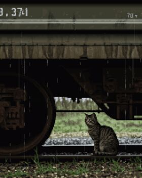 aleha_84 animal animated animated_gif cat dripping highres looping_animation no_humans original outdoors pixel_art railroad_tracks rain train