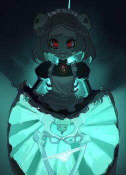 1girl apron black_dress bloody_marie_(skullgirls) blue_fire blue_light bone chest_jewel clenched_teeth clothes_lift cowboy_shot dress embarrassed exposed_bone fire frilled_apron frills furrowed_brow gem grey_hair hair_ornament hand_up highres hip_bones juliet_sleeves lifting_own_clothes light_blush long_sleeves looking_at_viewer maid maid_apron maid_headdress pale_skin panties panty_pull puffy_sleeves red_eyes red_gemstone ribs rirurirue short_hair skirt skirt_lift skull skull_hair_ornament skullgirls solo teeth twintails underwear white_apron white_panties