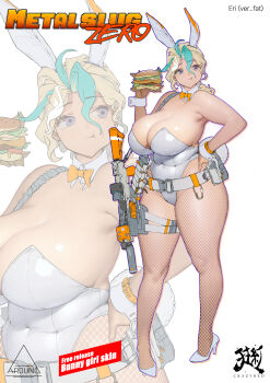 1girl absurdres alternate_breast_size_(larger) alternate_costume alternate_eye_color animal_ear_hairband animal_ears aqua_hair artist_name assault_rifle blonde_hair blue_eyes bow bowtie breasts buckle burger chewing colored_bangs covered_navel crazyred d'orsay_heels detached_collar eating fake_animal_ears fatter_than_canon fishnet_pantyhose fishnets food full_body full_mouth gun hairband hand_on_own_hip high_heels highleg highleg_leotard highres holding holding_burger holding_food holster holstered huge_breasts kasamoto_eri leotard long_hair looking_to_the_side low_ponytail metal_slug multicolored_hair optical_sight orange_bow orange_bowtie outline pantyhose pigeon-toed pink_outline playboy_bunny plump ponytail rabbit_ear_hairband rabbit_ears rabbit_tail rifle shoulder_strap signature snap-fit_buckle solo standing strapless strapless_leotard suppressor tactical_playboy_bunny tail thick_arms thick_thighs thigh_holster thighs wavy_hair weapon white_background white_hair white_leotard white_wrist_cuffs wide_hips wrist_cuffs zoom_layer