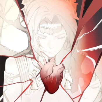 1boy 1girl aerith_gainsborough aerith_gainsborough_(loveless_dress) armlet bare_shoulders braid braided_ponytail chess_piece circlet cloak closed_eyes cloud_strife cloud_strife_(alphreid_costume) crown dress final_fantasy final_fantasy_vii final_fantasy_vii_rebirth final_fantasy_vii_remake heart_(organ) highres jewelry long_dress long_hair official_alternate_costume parted_bangs short_hair single_braid sleeveless sleeveless_dress spiked_hair upper_body wintercoming42