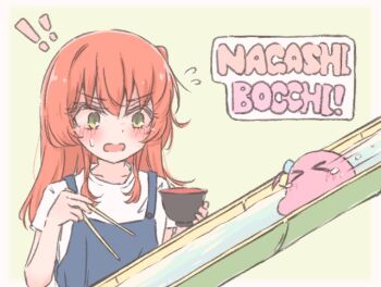 &gt;_&lt; 2girls bamboo blob blue_overalls blush bocchi_the_rock! bowl chopsticks collarbone commentary_request eyelashes gotoh_hitori holding holding_bowl kita_ikuyo long_hair looking_at_another multiple_girls nagashi_soumen one_side_up open_mouth orange_eyes overalls shirt short_sleeves sidelocks upper_body white_shirt y-shiki