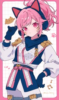 1girl ahoge animal_ear_headphones animal_ears animification blue_gloves border cat_ear_headphones cat_ears closed_mouth commentary contrapposto cowboy_shot english_commentary facial_mark fake_animal_ears gloves grid_background hand_on_own_hip hand_up headphones jacket long_sleeves looking_at_viewer mcjn_jazzy musical_note ninjago ninjago:_dragons_rising outside_border pants pink_border pink_eyes pink_hair ponytail sidelocks simple_background solo sora_(ninjago) the_lego_group white_background white_jacket white_pants