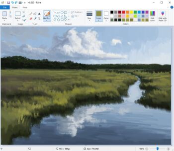 art_program_in_frame christian_young cloud cloudy_sky commentary day field landscape microsoft_paint_(medium) microsoft_paint_(software) mountainous_horizon no_humans original outdoors painterly reflection reflective_liquid river scenery screencap sky