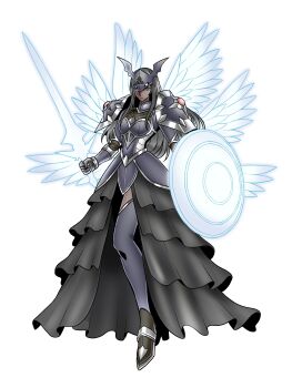 1girl absurdres armor black_armor black_cape black_hair black_helmet black_skirt breasts cape chaosdukemon commentary dark-skinned_female dark_skin digimon dual_wielding dukemon_crimson_mode english_commentary feathered_wings full_body helmet highres holding holding_shield holding_sword holding_weapon lance long_skirt medium_breasts polearm sewally1399982 shield simple_background skirt solo sword weapon white_background white_wings wings