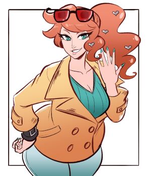 1girl aqua_eyes aqua_nails aqua_shirt black-framed_eyewear breasts brown_coat cleavage coat collarbone denim eyewear_on_head grin hair_ornament hand_on_own_hip hand_up heart heart_hair_ornament highres jeans leaning_forward long_hair medium_breasts nintendo orange-tinted_eyewear orange_hair pants pokemon pokemon_swsh ribbed_shirt scruffyturtles shirt side_ponytail side_ponytail_with_hair_base smile solo sonia_(pokemon) sunglasses swept_bangs tinted_eyewear v-neck