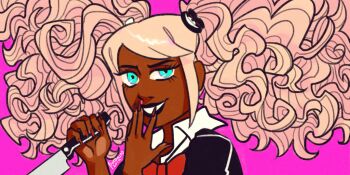 1girl 2010s 2019 afro_puffs bear_hair_ornament black_lips black_shirt blonde_hair blue_eyes bow collared_shirt danganronpa_(series) danganronpa_another_episode:_ultra_despair_girls dark-skinned_female dark_skin eyebrows eyelashes female_focus fingernails fruitballad grin hair_ornament hands_up holding holding_knife holding_weapon kitchen_knife knife nail_polish parted_bangs pink_background red_bow red_nails second_generation_enoshima_junko shirt simple_background smile solo teeth twintails upper_body weapon