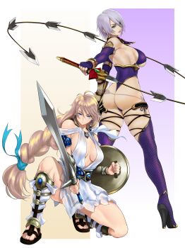 Rule 34 | 2girls, absurdres, anagumasan, ass, blonde hair, blue eyes, boots, braid, breasts, closed mouth, commentary, dress, earrings, elbow gloves, fingerless gloves, full body, gloves, high heels, highleg, highleg leotard, highres, holding, holding sword, holding weapon, isabella valentine, jewelry, kneeling, large breasts, leotard, lips, long hair, looking at viewer, looking back, low-tied long hair, makeup, mature female, multiple girls, namco, on one knee, purple hair, shield, short dress, short hair, sideboob, simple background, single braid, sophitia alexandra, soul calibur, soulcalibur, soulcalibur v, sword, thigh boots, thighhighs, thighs, toeless footwear, weapon, whip sword, white dress