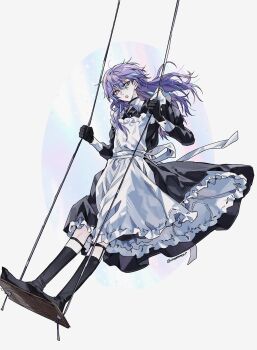 1boy :o absurdres alternate_costume apron artist_name black_dress black_gloves black_socks blue_hair buttons collared_dress commentary crossdressing crossdressing_(mtf) dress enmaided floating_hair frilled_apron frilled_dress frills gloves grey_eyes hair_between_eyes highres hoshirube_sho juliet_sleeves kneehighs long_hair long_sleeves looking_at_viewer maid maid_apron male_focus multicolored_hair mummeo_p nijisanji on_swing open_mouth puffy_sleeves purple_hair ribbon simple_background sleeve_cuffs socks solo standing streaked_hair swing swinging_on_swing symbol-only_commentary teeth twitter_username upper_teeth_only virtual_youtuber white_apron white_background white_ribbon