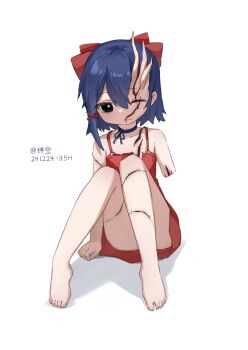 1girl absurdres amputee black_eyes blue_hair bow commentary dress full_body hair_bow highres horns kizuna_sora miside mita_(miside) one_eye_closed open_mouth orange_bow orange_dress scar scar_on_face short_hair simple_background single_horn solo tiny_mita_(miside) white_background