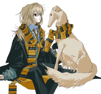 Rule 34 | 1girl, animal, blonde hair, borzoi, character request, collared shirt, copyright request, dog, grey sweater, hair between eyes, highres, invisible chair, jaggy lines, looking at animal, necktie, oversized clothes, parted lips, scarf, shared clothes, shared scarf, shirt, sitting, solo, striped clothes, striped necktie, sweater, usnorway goa