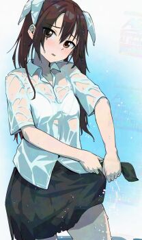 1girl alternate_costume asava_(hutaitenn) black_skirt bra bra_visible_through_clothes brown_eyes brown_hair collared_shirt cowboy_shot dress_shirt highres kantai_collection long_hair nsfw_source shirt skirt solo tone_(kancolle) twintails underwear wet wet_clothes white_bra white_shirt wringing_clothes