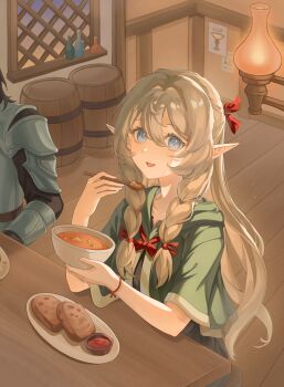 Rule 34 | 1girl, 1other, absurdres, armor, baccapy0806, barrel, blonde hair, blue eyes, bowl, braid, bread, bread slice, capelet, commentary, eating, elf, fantasy, food, green capelet, hair between eyes, hair ribbon, highres, holding, holding bowl, holding spoon, indoors, lamp, long hair, looking at viewer, original, parted lips, pointy ears, red ribbon, ribbon, shoulder armor, side braids, solo focus, soup, spoon, symbol-only commentary, twin braids, vambraces, wooden floor