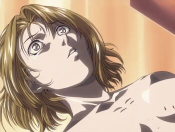 00s 1girl 2002 animated animated_gif bible_black bible_black_gaiden bleeding blonde_hair blood blood_on_body bloody_weapon blue_eyes breasts collarbone death female_focus kitami_reika large_breasts lying nipples nude ritual short_hair stab sword tagme weapon
