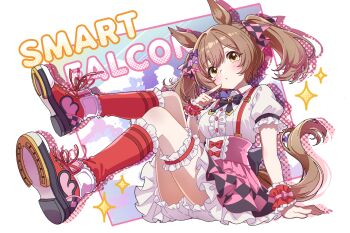 Rule 34 | 1girl, animal ears, bin ze u, blush, brown hair, commentary request, finger to own chin, hair ribbon, high-waist skirt, highres, horse ears, horse girl, horse tail, kneehighs, korean commentary, long hair, looking at viewer, pink ribbon, pink shoes, pink skirt, puffy short sleeves, puffy sleeves, red socks, ribbon, shirt, shoes, short sleeves, shorts, shorts under skirt, sitting, skirt, smart falcon (love 4ever) (umamusume), smart falcon (umamusume), socks, solo, tail, twintails, umamusume, white shirt, white shorts, wrist cuffs, yellow eyes