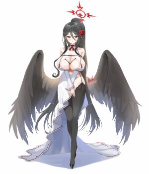 1girl absurdres alternate_costume areola_slip ash_(cat7evy) asymmetrical_dress black_hair black_shoes black_wings blue_archive braid breasts commentary_request crossed_wrists dress feathered_wings flower full_body garter_straps groin hair_between_eyes hair_flower hair_ornament halo hasumi_(blue_archive) highres huge_breasts korean_commentary long_hair navel ponytail red_eyes revision shoes sideboob sidelocks signature simple_background skindentation solo very_long_hair white_background wings