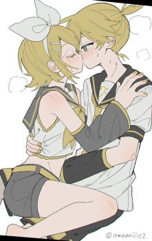 1boy 1girl aqua_eyes bare_shoulders bass_clef belt black_sailor_collar black_shorts black_sleeves blonde_hair blush bow bow_hairband closed_eyes commentary_request crop_top detached_sleeves eye_contact eyelashes face-to-face flustered from_side grey_sailor_collar grey_shorts grey_sleeves hair_bow hair_ornament hairband hairclip hand_on_another's_back hand_on_another's_shoulder head_steam highres kagamine_len kagamine_rin kiss looking_at_another maca1227 midriff muted_colors narrow_waist neckerchief necktie nervous_sweating on_floor parallel_hairclips ponytail profile sailor_collar shirt short_hair short_ponytail shorts sidelocks sitting sleeveless sleeveless_shirt sweat sweatdrop treble_clef twitter_username unfinished vocaloid white_bow yellow_nails yellow_neckerchief yellow_necktie
