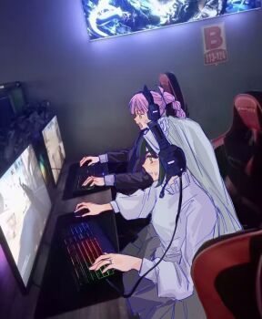 2girls ahoge alternate_costume anger_vein anyoji_hime black_jacket blue_eyes chair clenched_teeth commentary computer_keyboard dress frilled_dress frills gaming_chair green_eyes green_hair headphones headset holding_computer_mouse indoors jacket jewelry link!_like!_love_live! long_sleeves long_veil love_live! momose_ginko monitor multi-tied_hair multiple_girls on_chair open_mouth photo-referenced photo_background pink_hair playing_games ponytail profile ring short_hair sitting swivel_chair symbol-only_commentary teeth tuxedo veil video_game virtual_youtuber wedding_ring white_dress white_veil wife_and_wife yrxy_settingsun