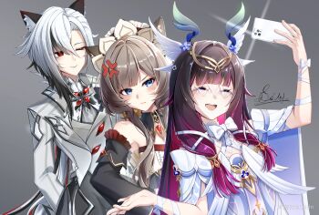 Rule 34 | 3girls, absurdres, anger vein, animal ears, antlers, arlecchino (genshin impact), artist name, black hair, blue eyes, blush, brown hair, cat ears, cellphone, chinese commentary, closed eyes, colored inner hair, columbina (genshin impact), commentary request, genshin impact, gradient hair, hair ornament, highres, holding, holding phone, horns, jingxinzhiyun, long hair, low-tied sidelocks, miyoushe watermark, multicolored hair, multiple girls, one eye closed, open mouth, phone, purple hair, red eyes, sandrone (genshin impact), selfie, short hair, sidelocks, smartphone, smile, streaked hair, symbol-shaped pupils, watermark, white hair, wing hair ornament, x-shaped pupils