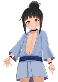 1girl atg_(wttoo0202) black_hair blunt_bangs closed_mouth female_focus flat_chest grey_eyes hair_bun hair_ornament hair_stick highres japanese_clothes kunoichi_tsubaki_no_mune_no_uchi loli looking_at_viewer mokuren_(kunoichi_tsubaki_no_mune_no_uchi) navel short_hair sidelocks simple_background single_hair_bun smile solo standing thighs white_background