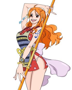 1girl 2025 absurdres arm_up armor back_bow bangle bare_shoulders bow bracelet breastplate breasts brown_eyes clima-tact commentary feet_out_of_frame floral_print floral_print_kimono hair_ornament highres holding holding_staff japanese_armor japanese_clothes jewelry kimono large_breasts log_pose long_hair looking_at_viewer nami_(one_piece) nami_(one_piece)_(onigashima) official_alternate_costume one_piece open_mouth orange_hair panties panty_peek pink_bow pink_nails print_kimono red_kimono shikeira short_kimono shoulder_tattoo single_sidelock sleeveless sleeveless_kimono smile solo staff tattoo teeth thighs underwear upper_teeth_only wavy_hair white_background white_panties