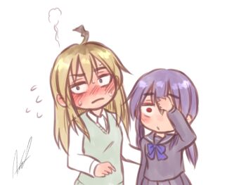 Rule 34 | 2girls, ahoge, aosora (mizore), black serafuku, black shirt, black skirt, blonde hair, blue bow, blue bowtie, blue eyes, blush, bow, bowtie, closed mouth, collared shirt, commentary request, empty eyes, flying sweatdrops, green sweater vest, hair between eyes, hand on own head, hand up, hayano yuuki, long hair, long sleeves, looking ahead, looking at another, low twintails, multiple girls, nervous, one eye covered, original, pleated skirt, purple hair, red eyes, sailor collar, school uniform, serafuku, shirt, shy, sidelocks, signature, simple background, skirt, sweat, sweater vest, twintails, upper body, white background, white shirt, wide-eyed, yazaki shiori, yuri