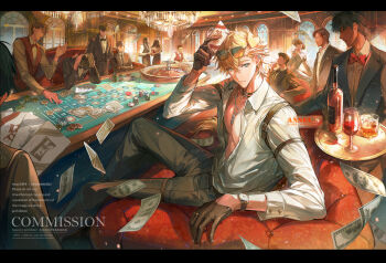 1boy 6+others animal_ears arknights artist_name banknote black_border black_gloves black_hair black_jacket blonde_hair blue_eyes border bow bowtie card chandelier chinese_commentary collared_shirt commentary_request commission crowd dog_ears dress eyewear_on_head frown gloves half_gloves highres holding holding_card jacket letterboxed looking_at_viewer male_focus money multiple_others open_clothes open_shirt pectorals playing_card red_bow red_bowtie roulette roulette_table shirt sunglasses table tequila_(arknights) tequila_(cardwinner)_(arknights) tianxiaoye_ansel.s watch watermark white_shirt window wristwatch