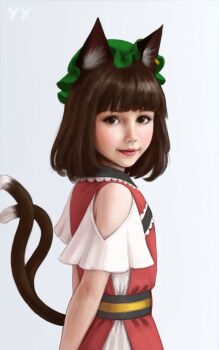 Rule 34 | 1girl, adapted costume, animal ear fluff, animal ear piercing, animal ears, arms behind back, bare shoulders, blunt bangs, blush, brown eyes, brown hair, cat ears, cat tail, chen, clothing cutout, dress, earrings, fangs, fangs out, forked tail, foul detective satori, frills, from side, gradient background, green hat, grey background, hat, highres, jewelry, lips, looking at viewer, looking to the side, medium hair, mob cap, nekomata, nose, realistic, red dress, self-upload, short sleeves, shoulder cutout, simple background, single earring, smile, solo, tail, touhou, upper body, wide sleeves, yyf (seaknight)