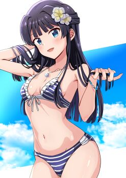 1girl bikini black_hair blue_eyes blue_sky breasts cloud flower frilled_bikini frills front-tie_bikini_top front-tie_top hair_flower hair_ornament half_updo highres holding holding_own_hair idolmaster idolmaster_million_live! idolmaster_million_live!_theater_days jewelry long_hair mimiu_p mogami_shizuka navel necklace sky small_breasts smile solo striped_bikini striped_clothes swimsuit