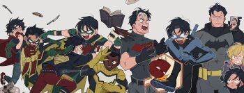 2girls 6+boys animal_print animification bat_print batgirl batman batman_(series) black_hair cape cassandra_cain cellphone clark_kent coffee conner_kent damian_wayne dark-skinned_male dark_skin dc_comics dick_grayson domino_mask duke_thomas eye_mask fork green_footwear highres hokkemaruyaki jason_todd jonathan_kent knife kon-el mask multicolored_bodysuit multicolored_hair multiple_boys multiple_girls nightwing open_mouth phone red_cape red_hood_(dc) robin_(dc) smartphone stephanie_brown super_sons superboy superhero_costume superman_logo tears teeth the_signal_(dc) tim_drake two-tone_bodysuit two-tone_hair