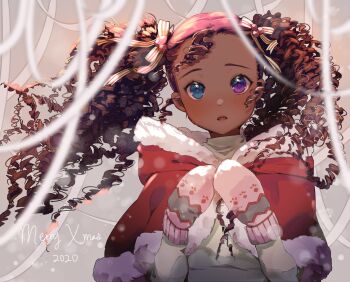 1girl 2020 artist_self-insert blue_eyes blush brown_hair capelet commentary curly_hair dark_skin dark-skinned_female english_commentary forehead fur-trimmed_capelet fur_trim hair_ribbon heterochromia highres long_hair looking_at_viewer merry_christmas mittens nachoz_(nachozart) portrait purple_eyes real_life red_capelet ribbon ringlets solo turtleneck twintails very_dark_skin winter_clothes