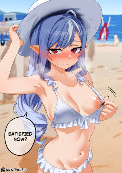 3girls adjusting_clothes adjusting_headwear ahoge alice_thymefield alice_thymefield_(sea_of_thyme) alternate_costume armpits arms_up artist_name bare_arms bare_legs bare_shoulders beach bikini bikini_top_lift black_nails blonde_hair blue_sky blurry blush boat breasts breasts_apart breath clothes_lift collarbone commentary cowboy_shot day depth_of_field drill_hair english_commentary english_text flashing frilled_bikini frills from_behind furrowed_brow groin hat highres jumping kukiyuusha long_hair long_sidelocks looking_at_viewer medium_breasts mole mole_under_eye mountainous_horizon multiple_girls navel nipples nose_blush ocean official_alternate_costume one-piece_swimsuit outdoors parted_lips pier pink_one-piece_swimsuit pink_sandals pointy_ears pulling_own_clothes purple_hair red_eyes red_hair sand sandals shiny_skin sideboob sidelocks sideways_glance sky slit_pupils speech_bubble squatting stomach sun_hat sweat swimsuit teeth twintails twitter_username ukinami_yuzuha ukinami_yuzuha_(tanuki_in_broad_daylight) very_long_hair vivian_banshee watercraft white_bikini white_hat white_one-piece_swimsuit white_streaks zenless_zone_zero