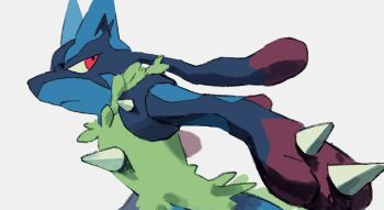 Rule 34 | closed mouth, etsuko pkmn, frown, gen 4 pokemon, green fur, highres, looking back, lucario, mega lucario, mega pokemon, nintendo, pokemon, pokemon (creature), pokemon focus, red eyes, solo, spikes, white background