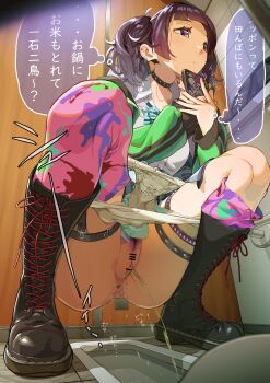 1girl absurdres amatsu_amaguri anus aqua_bow aqua_bowtie asymmetrical_legwear bar_censor bathroom black_boots black_collar black_hair blunt_bangs blunt_sidelocks boots bow bowtie breasts cellphone censored closed_mouth collar collarbone collared_shirt commentary_request dot_mouth dress_shirt earrings expressionless fingernails full_body gradient_hair green_jacket grey_hair grey_skirt hand_up hidden_camera highres holding holding_phone idolmaster idolmaster_shiny_colors indoors jacket jewelry knee_boots kneehighs long_hair long_sleeves looking_ahead menstrual_pad multicolored_hair multicolored_socks multicolored_thighhighs nail_polish open_clothes open_jacket panties panty_pull pee peeing phone plaid_clothes plaid_skirt pleated_skirt purple_eyes purple_nails pussy school_uniform shirt sidelocks skirt smartphone socks speech_bubble spiked_collar spikes squat_toilet squatting tanaka_mamimi thigh_strap thought_bubble tile_floor tiles toilet_use translation_request twintails underwear variant_set voyeur_pov voyeurism white_panties white_shirt