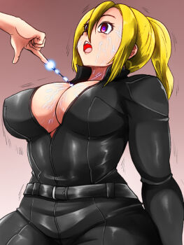 Rule 34 | 2girls, android, blonde hair, breasts, commission, glowing, glowing eyes, highres, isna (footprintsofisna), jumpsuit, large breasts, mind control, multiple girls, pixiv commission, robot, t-800, terminator (series), the terminator