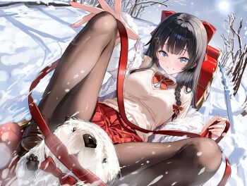 1girl bare_tree black_hair black_pantyhose blue_eyes bow bowtie braid brown_shoes brown_sweater collared_shirt commentary dog_sled fur-trimmed_jacket fur_trim haedungi_(shirayuki_hina) hair_ornament hair_ribbon highres i.f.s.f jacket long_hair otter outdoors pantyhose pleated_skirt red_bow red_bowtie red_ribbon red_skirt ribbon school_uniform shirayuki_hina shirt shoes skirt sky sled snow stellive sun sweater symbol-only_commentary thighs tree virtual_youtuber white_jacket white_shirt
