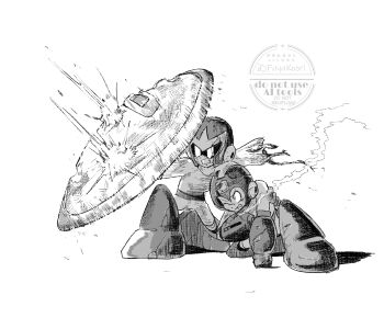 2boys arm_cannon assault_visor battle_damage brothers greyscale highres holding holding_shield male_focus mega_man_(classic) mega_man_(series) monochrome multiple_boys proto_man shield siblings simple_background srnhuyuno weapon white_background