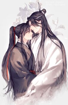 Rule 34 | 2boys, aki uzuzame, bishounen, black hair, black hanfu, chinese clothes, closed eyes, closed mouth, commentary request, couple, floral background, flower, from side, grass, grey background, hair ribbon, hanfu, headband, height difference, high ponytail, highres, hug, imminent kiss, lan wangji, light particles, long hair, long sleeves, male focus, modao zushi, multiple boys, ponytail, profile, red ribbon, red sash, ribbon, robe, sash, sidelocks, simple background, smile, topknot, upper body, very long hair, wei wuxian, white hanfu, white headband, white sash, wide sleeves, xiao guan (headdress), yaoi