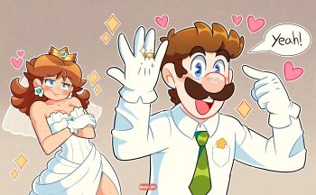 1boy 1girl artist_name blue_eyes breasts bridal_veil bride brown_hair cleavage collared_shirt crossed_arms crown dress earrings facial_hair flower_earrings freckles gloves green_necktie groom hands_up happy heart highres jewelry long_hair looking_at_another looking_at_viewer luigi manysart1 mario_(series) mustache necktie nintendo open_mouth pointing princess princess_daisy ring shirt short_hair sparkle speech_bubble strapless strapless_dress upper_body veil wedding_dress wedding_ring white_dress white_gloves