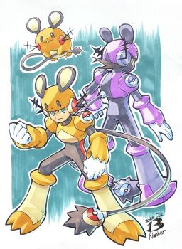 Rule 34 | 1boy, alternate costume, alternate view, armor, artist logo, black bodysuit, bodysuit, clenched hands, cosplay, crossover, dated, dedenne, dedenne (cosplay), fake tail, gen 6 pokemon, green eyes, helmet, highres, logo, mega man (series), mega man battle network (series), megaman.exe, mouse (animal), multiple views, nintendo, orange armor, orange headwear, pn13ban, poke ball symbol, pokemon, purple armor, purple headwear, tail, traditional media, whiskers