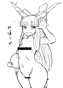 Rule 34 | 1girl, bar censor, censored, censored nipples, cowboy shot, drunk, fang, female focus, flat chest, gourd, greyscale, horn ornament, horn ribbon, horns, ibuki suika, jadf, monochrome, navel, nude, ribbon, solo, squeans, thick thighs, thighs, touhou, translation request, waving, wide hips
