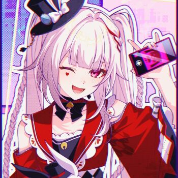 1girl ;d bow braid butterfly-shaped_pupils choker clothing_cutout commentary diamond_(shape) diamond_facial_mark facial_mark frills hat hat_ornament heart heart_facial_mark holding holding_phone honkai:_star_rail honkai_(series) lower_teeth_only one_eye_closed open_mouth phone pink_eyes pochimaru_(marumaru_wanwan) red_streaks shoulder_cutout side_braid smile sparkle_(honkai:_star_rail) sparxie_(honkai:_star_rail) symbol-shaped_pupils teeth twintails white_hair