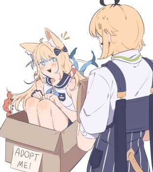 addendium ahoge animal_ear_fluff animal_ears blonde_hair blue_eyes blue_overalls blue_streaks cat_ears dooby dress fins fish_girl fish_tail for_adoption highres indie_virtual_youtuber kaniki_(sameko_saba) lifebuoy_hair_ornament long_hair low_twintails multicolored_hair overalls pinstripe_overalls sameko_saba streaked_hair tail train_conductor twintails vertical-striped_overalls very_long_hair virtual_youtuber white_background white_dress