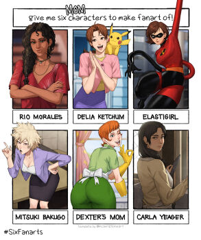 6+girls apron artist_name ass bakugou_mitsuki black_hair blonde_hair bodysuit boku_no_hero_academia breasts breikka brown_hair cardigan carla_yeager cartoon_network character_name cleavage crossed_arms delia_ketchum dexter&#039;s_laboratory dexter&#039;s_mom dishwashing disney elastigirl english_text female_focus flexible from_behind gen_1_pokemon gloves helen_parr highres latex latex_gloves leaning_forward marvel mask mature_female medium_breasts mother&#039;s_day multiple_drawing_challenge multiple_girls nintendo own_hands_together pikachu pixar pokemon pokemon_(anime) pokemon_(creature) purple_cardigan red_hair rio_morales rubber_gloves shingeki_no_kyojin six_fanarts_challenge spider-man:_into_the_spider-verse spider-man_(series) spider-verse superhero_costume the_incredibles trait_connection upper_body yellow_gloves