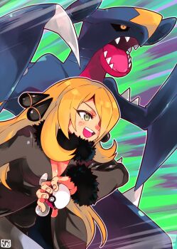 Rule 34 | 1girl, black coat, blonde hair, breasts, cleavage, coat, commentary, commentary request, cynthia (pokemon), english commentary, fur-trimmed coat, fur trim, garchomp, gen 4 pokemon, green eyes, hair over one eye, highres, holding, holding poke ball, long hair, mixed-language commentary, nintendo, open mouth, pirate yuri, poke ball, poke ball (basic), pokemon, pokemon (creature), pokemon dppt