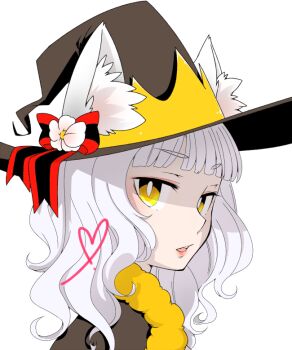 Rule 34 | 1girl, animal ear fluff, animal ears, blunt bangs, blush, brown cape, brown hat, cape, cat ears, cat girl, commentary request, ears through headwear, fur-trimmed cape, fur trim, hat, iyofika, long hair, looking at viewer, official alternate costume, portrait, ragnarok online, simple background, solo, warlock (ragnarok online), white background, white hair, witch hat, yellow eyes