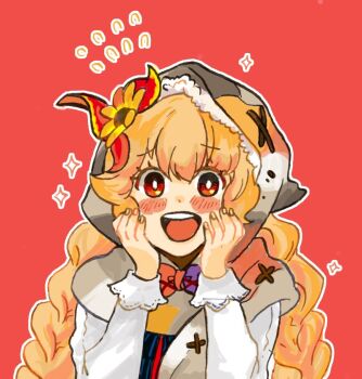 1girl bad_id bad_pixiv_id blush braid bright_pupils fingernails grimms_notes hair_between_eyes hands_up little_match_girl little_match_girl_(repage)_(grimms_notes) long_hair looking_at_viewer misoshiru_umai4 open_mouth orange_hair patchwork_clothes red_background red_eyes shirt simple_background solo sparkle teeth tongue twin_braids upper_teeth_only white_pupils white_shirt