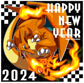 2024 border breath_weapon breathing_fire charizard chinese_zodiac claws commentary_request fire flame-tipped_tail full_body gen_1_pokemon green_eyes happy_new_year kumano_sakunosuke new_year nintendo no_humans open_mouth pokemon pokemon_(creature) tail twitter_username white_border year_of_the_dragon